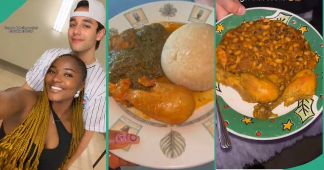 VIDEO: Oyinbo Man dating Nigerian lady trends after showing how she feeds him local delicacies