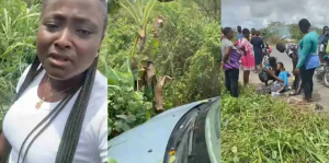 VIDEO: Corper thanks God for sparing her life after plantain tree stopped their car from somersaulting into a river