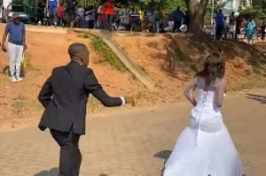 VIDEO: Immediately after the wedding, lady throws her wedding ring and fled while being chased by the guests