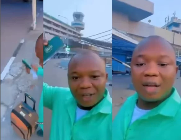 VIDEO: Nigerian man who has never traveled abroad storms Lagos airport with passport and empty paper to experience the feeling of passengers traveling abroad