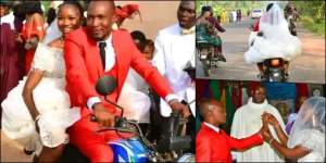 Nigerians gushes over adorable moment bride and groom arrive church on a bike