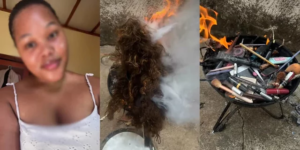 VIDEO: Lady sets her makeup and wigs on fire, the reason will shock you