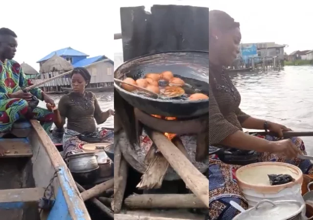 VIDEO: Pregnant woman frying and selling puff puff in the middle of river will make you emotional