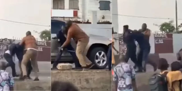 VIDEO: “This ones no train for field” – Drama as man beats up 2 police officers mercilessly on the road