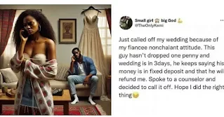 Lady calls off wedding three days before ceremony after fiancé refuses to contribute money