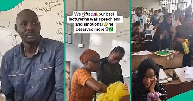 VIDEO: Nigerian lecturer struggles to hold back tears as students suddenly surprise him