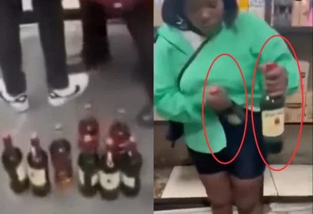 VIDEO: Couple caught on camera stealing drinks worth ₦5 million by hiding them in their clothes