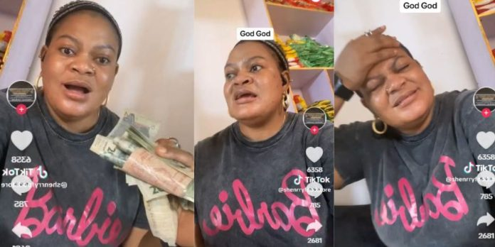 VIDEO: Nigerian trader in shock as N76K paid by customer mysteriously turned to few N20 & N10 notes